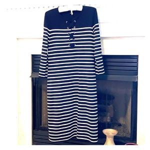 Navy Blue, White Striped Dress - Talbots